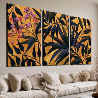 Dark pointed bamboo leaves across an ochre background with small pink floral accents 3 piece canvas wall art room and product view