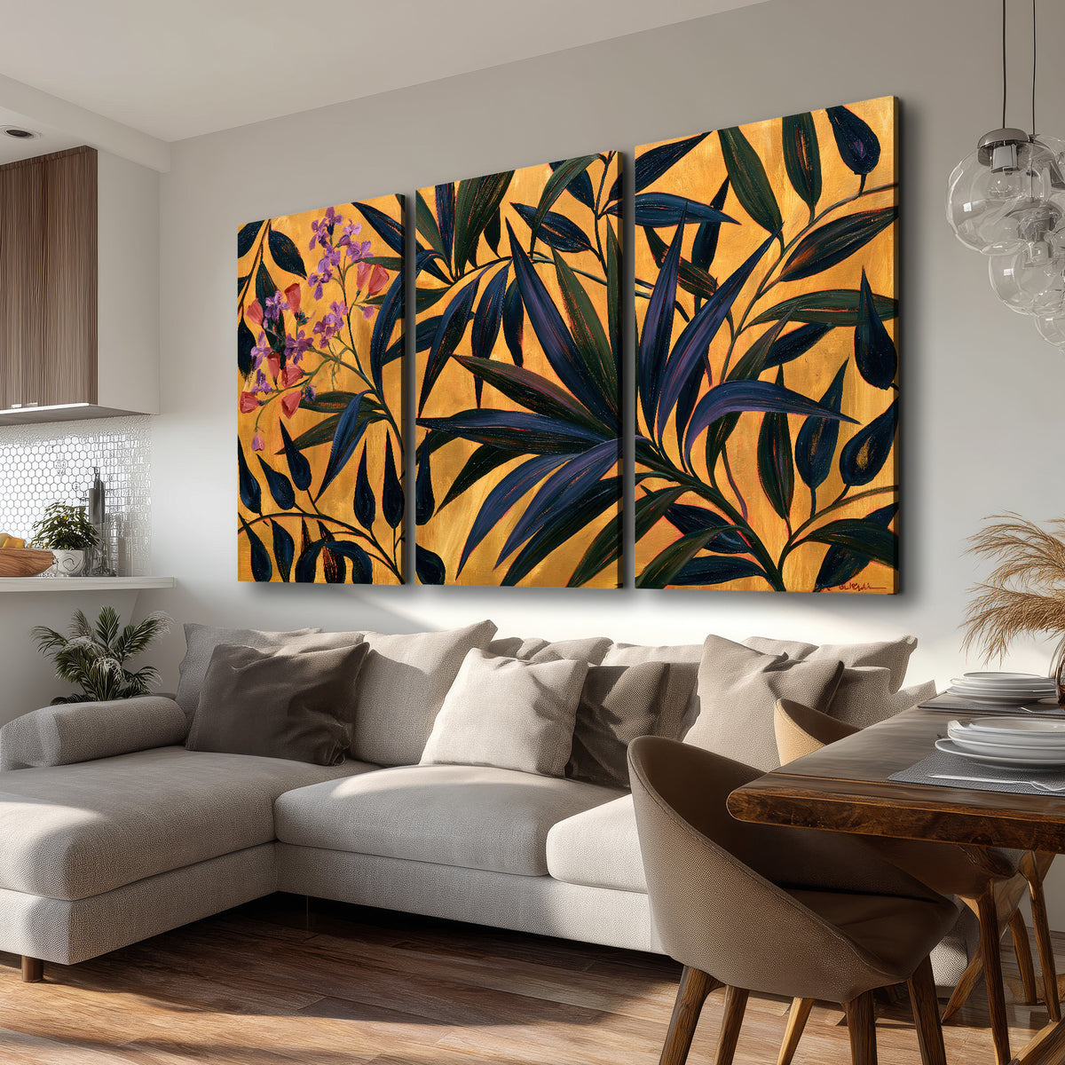 Dark pointed bamboo leaves across an ochre background with small pink floral accents 3 piece canvas wall art room and product view