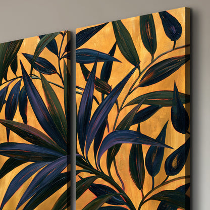 Dark pointed bamboo leaves across an ochre background with small pink floral accents 3 piece canvas wall art room and product view