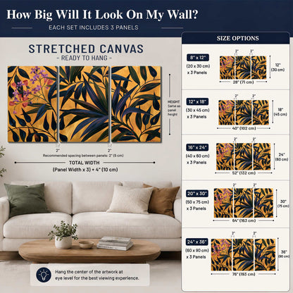 Dark pointed bamboo leaves across an ochre background with small pink floral accents 3 piece canvas wall art size guide above a sofa; room view is illustrative