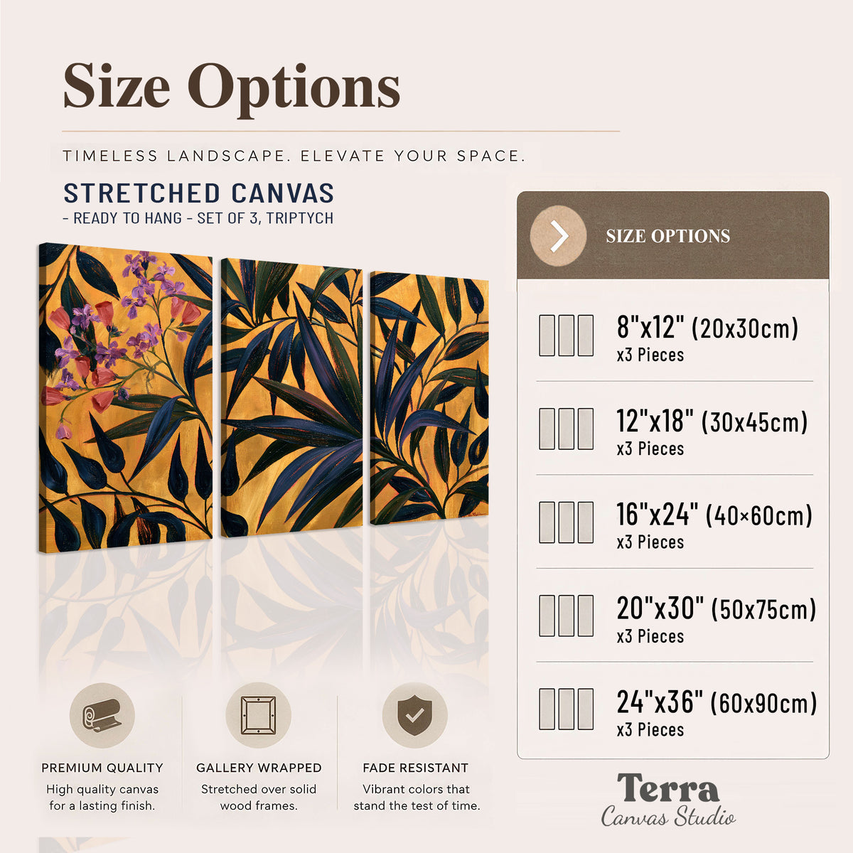 Dark pointed bamboo leaves across an ochre background with small pink floral accents 3 piece canvas wall art available dimensions; triptych dimensions are per panel