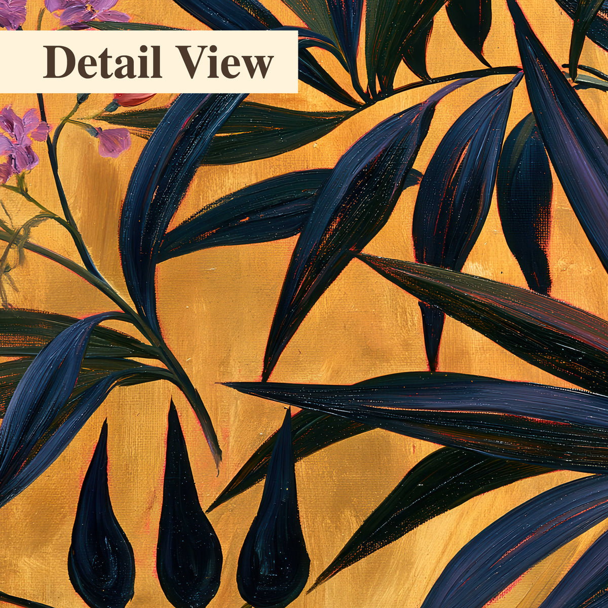 Dark pointed bamboo leaves across an ochre background with small pink floral accents 3 piece canvas wall art artwork detail close up
