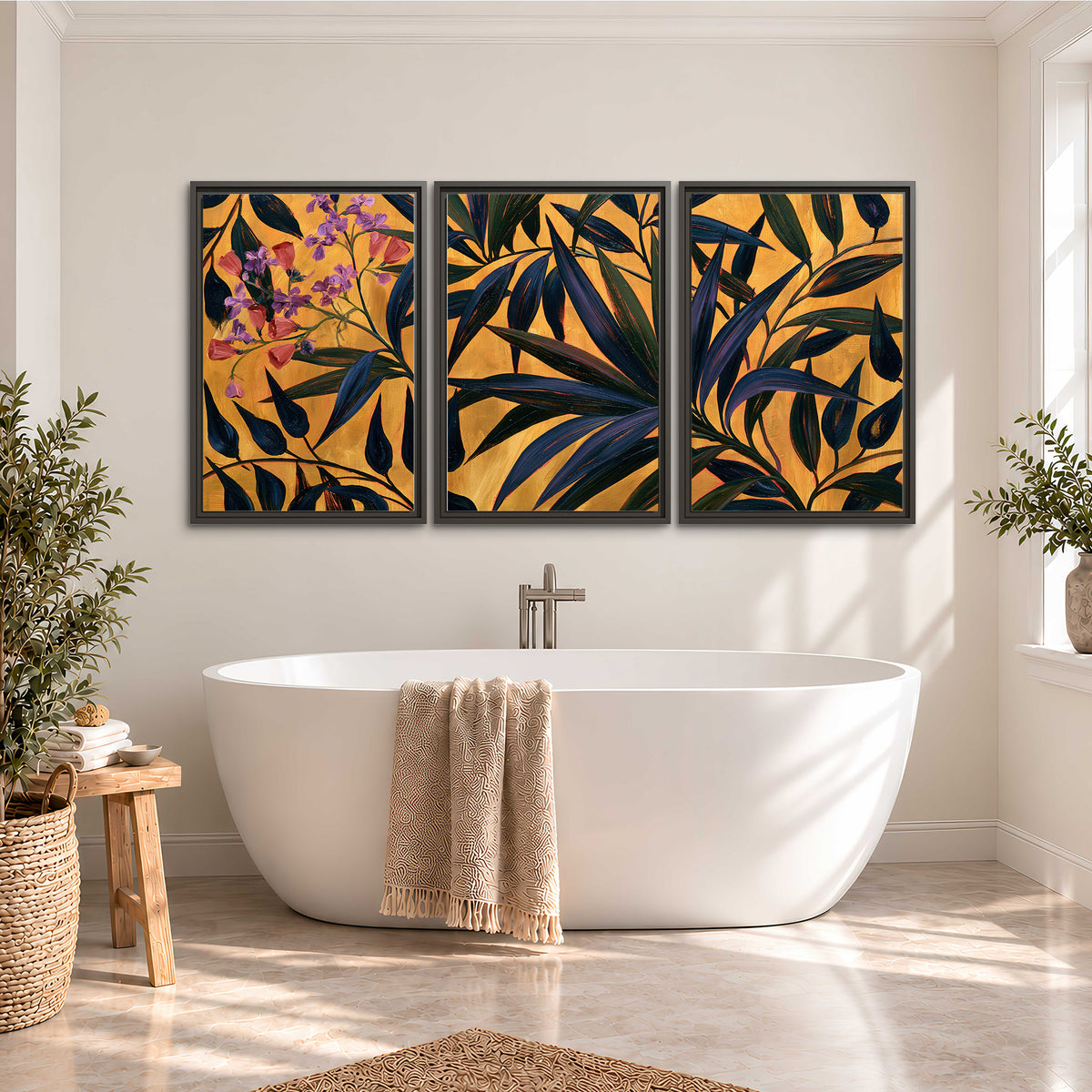 Dark pointed bamboo leaves across an ochre background with small pink floral accents 3 piece framed canvas wall art styled in an interior