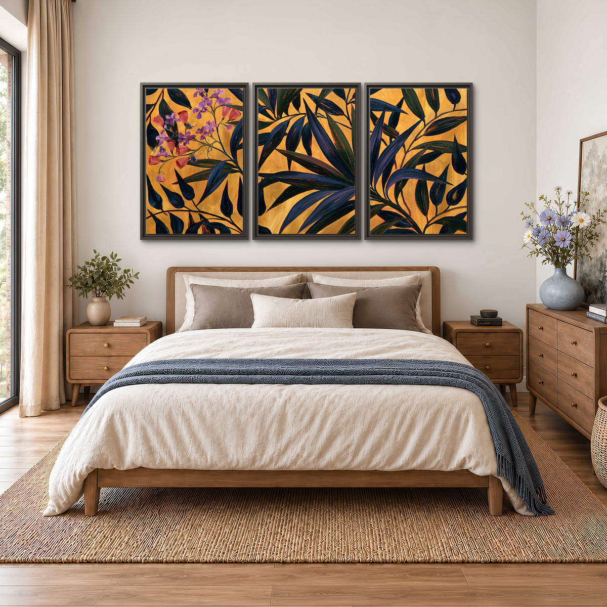 Dark pointed bamboo leaves across an ochre background with small pink floral accents 3 piece framed canvas wall art styled in an interior