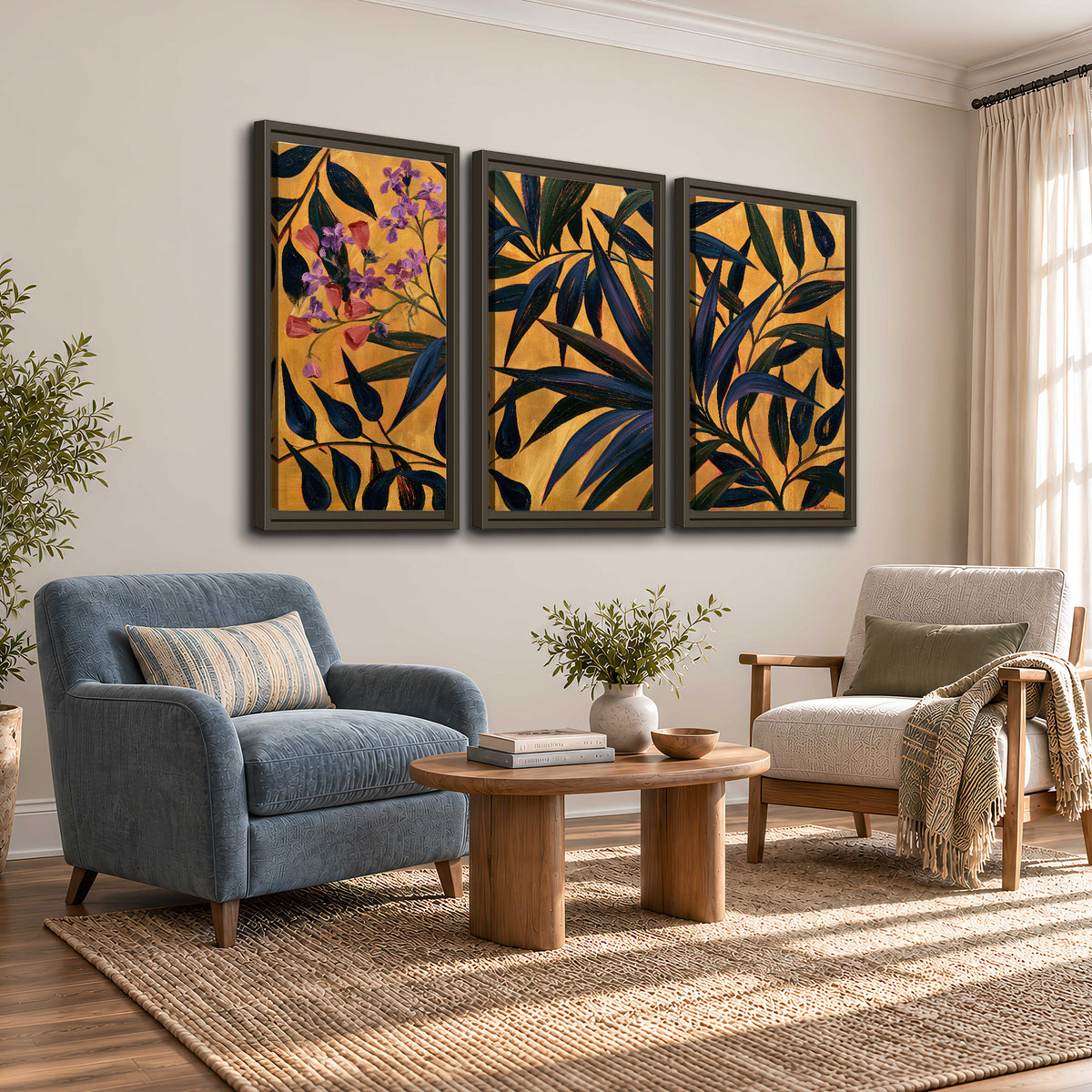 Dark pointed bamboo leaves across an ochre background with small pink floral accents 3 piece framed canvas wall art styled in an interior