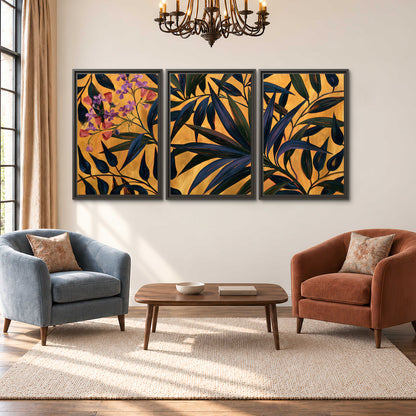 Dark pointed bamboo leaves across an ochre background with small pink floral accents 3 piece framed canvas wall art styled in an interior