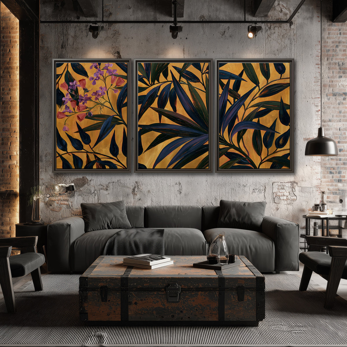 Dark pointed bamboo leaves across an ochre background with small pink floral accents 3 piece framed canvas wall art displayed in a industrial room