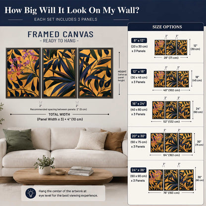 Dark pointed bamboo leaves across an ochre background with small pink floral accents 3 piece framed canvas wall art size guide above a sofa; room view is illustrative