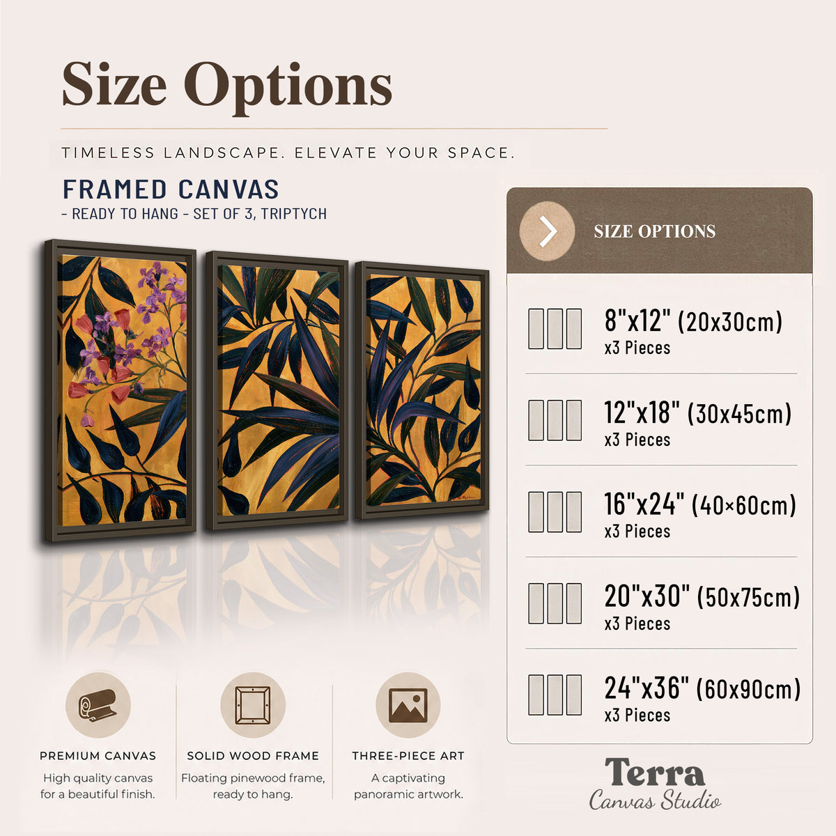 Dark pointed bamboo leaves across an ochre background with small pink floral accents 3 piece framed canvas wall art available dimensions; triptych dimensions are per panel