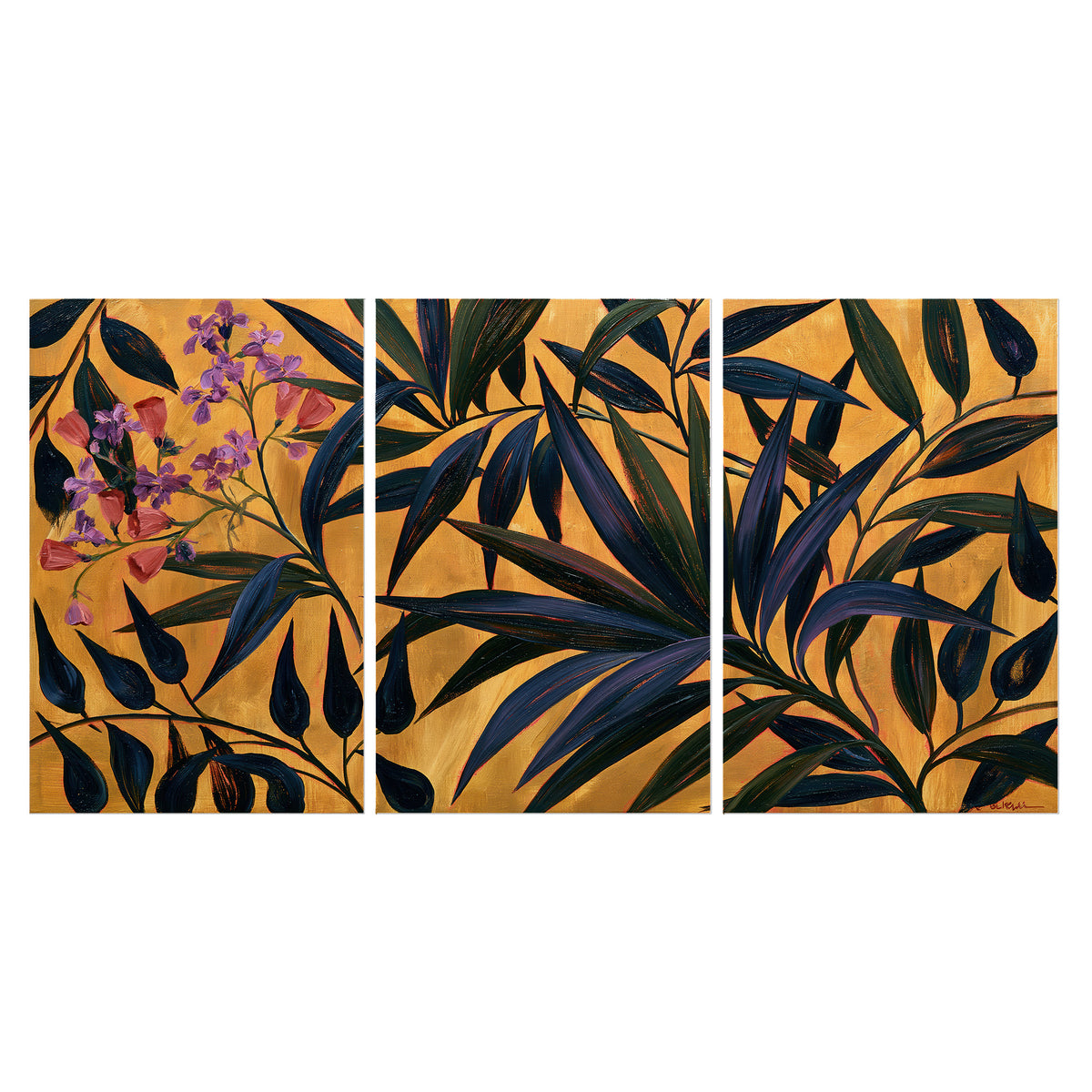 Dark pointed bamboo leaves across an ochre background with small pink floral accents set of 3 poster prints viewed straight on