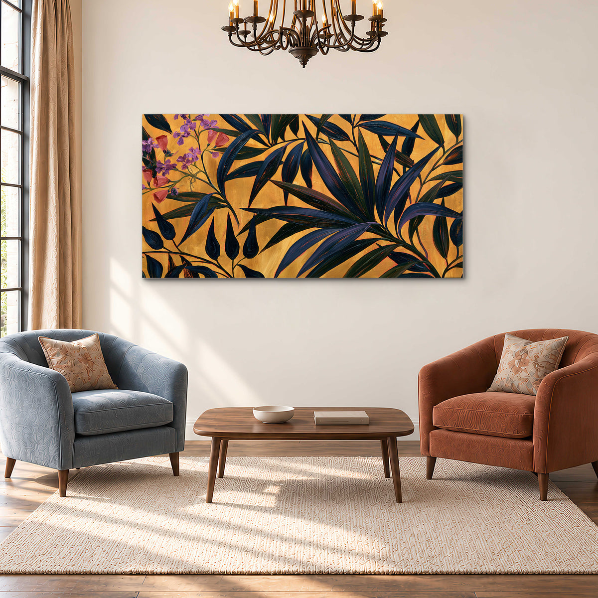 Dark pointed bamboo leaves across an ochre background with small pink floral accents single canvas wall art styled in an interior