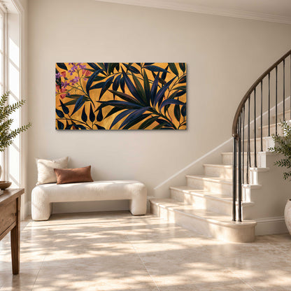 Dark pointed bamboo leaves across an ochre background with small pink floral accents single canvas wall art styled in an interior