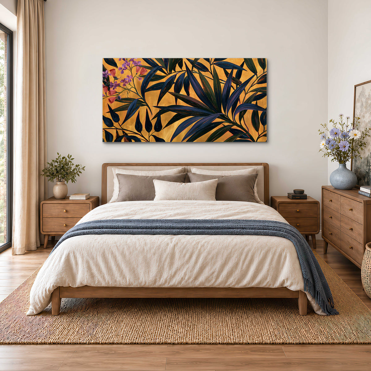 Dark pointed bamboo leaves across an ochre background with small pink floral accents single canvas wall art styled in an interior