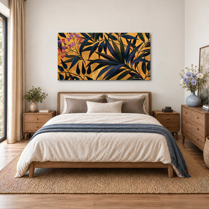 Dark pointed bamboo leaves across an ochre background with small pink floral accents single canvas wall art styled in an interior