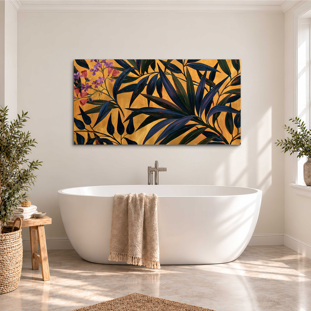 Dark pointed bamboo leaves across an ochre background with small pink floral accents single canvas wall art styled in an interior