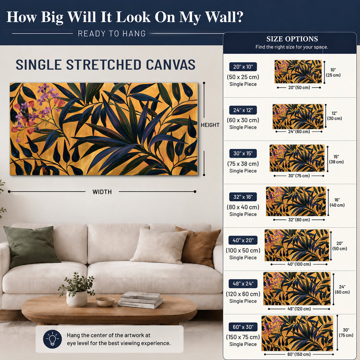 Dark pointed bamboo leaves across an ochre background with small pink floral accents single canvas wall art size guide above a sofa; room view is illustrative