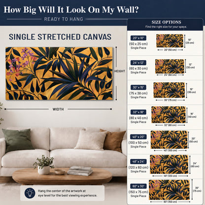 Dark pointed bamboo leaves across an ochre background with small pink floral accents single canvas wall art size guide above a sofa; room view is illustrative