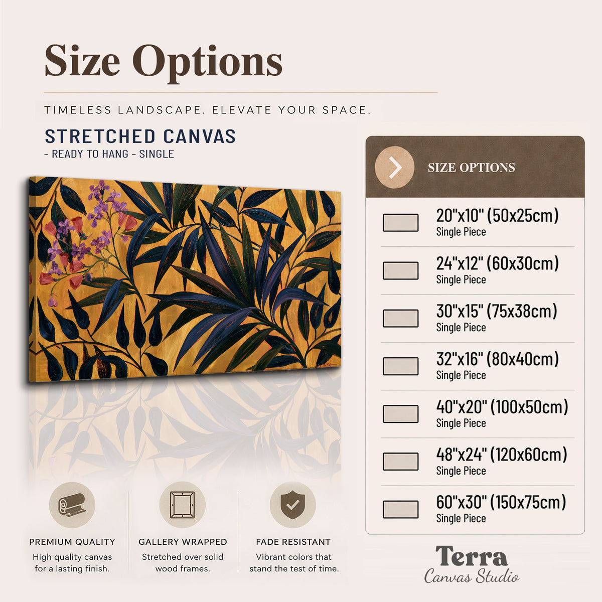 Dark pointed bamboo leaves across an ochre background with small pink floral accents single canvas wall art available dimensions