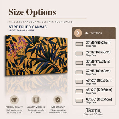 Dark pointed bamboo leaves across an ochre background with small pink floral accents single canvas wall art available dimensions