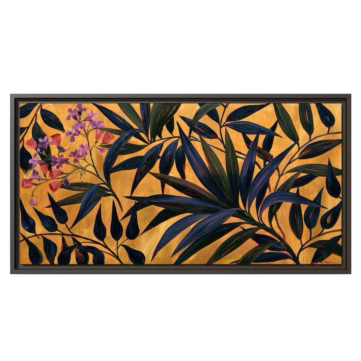 Dark pointed bamboo leaves across an ochre background with small pink floral accents single framed canvas wall art viewed straight on