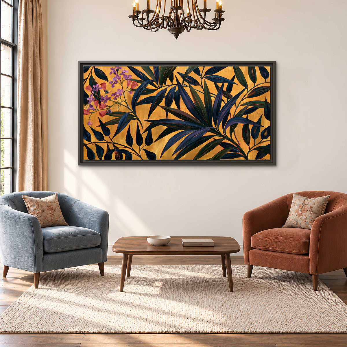 Dark pointed bamboo leaves across an ochre background with small pink floral accents single framed canvas wall art styled in an interior