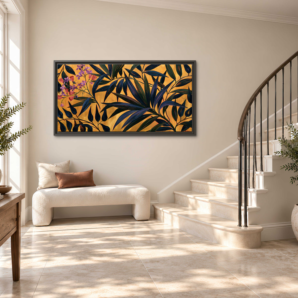 Dark pointed bamboo leaves across an ochre background with small pink floral accents single framed canvas wall art styled in an interior