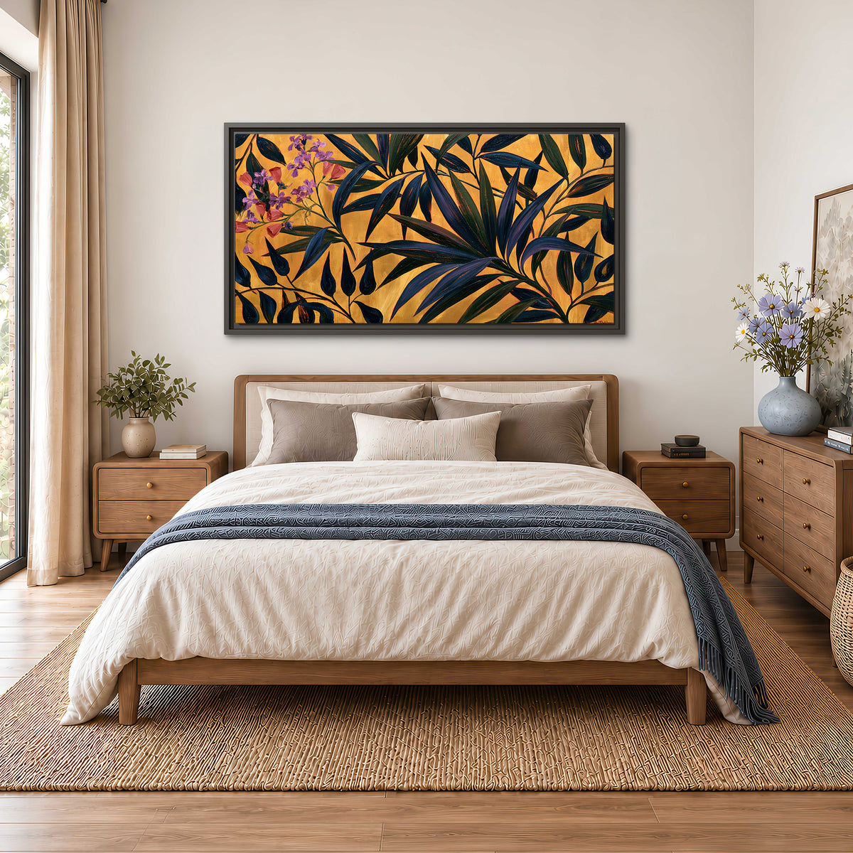 Dark pointed bamboo leaves across an ochre background with small pink floral accents single framed canvas wall art styled in an interior