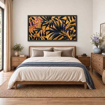 Dark pointed bamboo leaves across an ochre background with small pink floral accents single framed canvas wall art styled in an interior