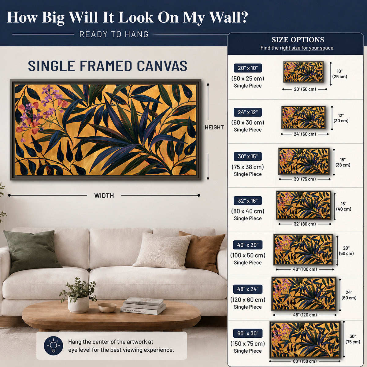 Dark pointed bamboo leaves across an ochre background with small pink floral accents single framed canvas wall art size guide above a sofa; room view is illustrative