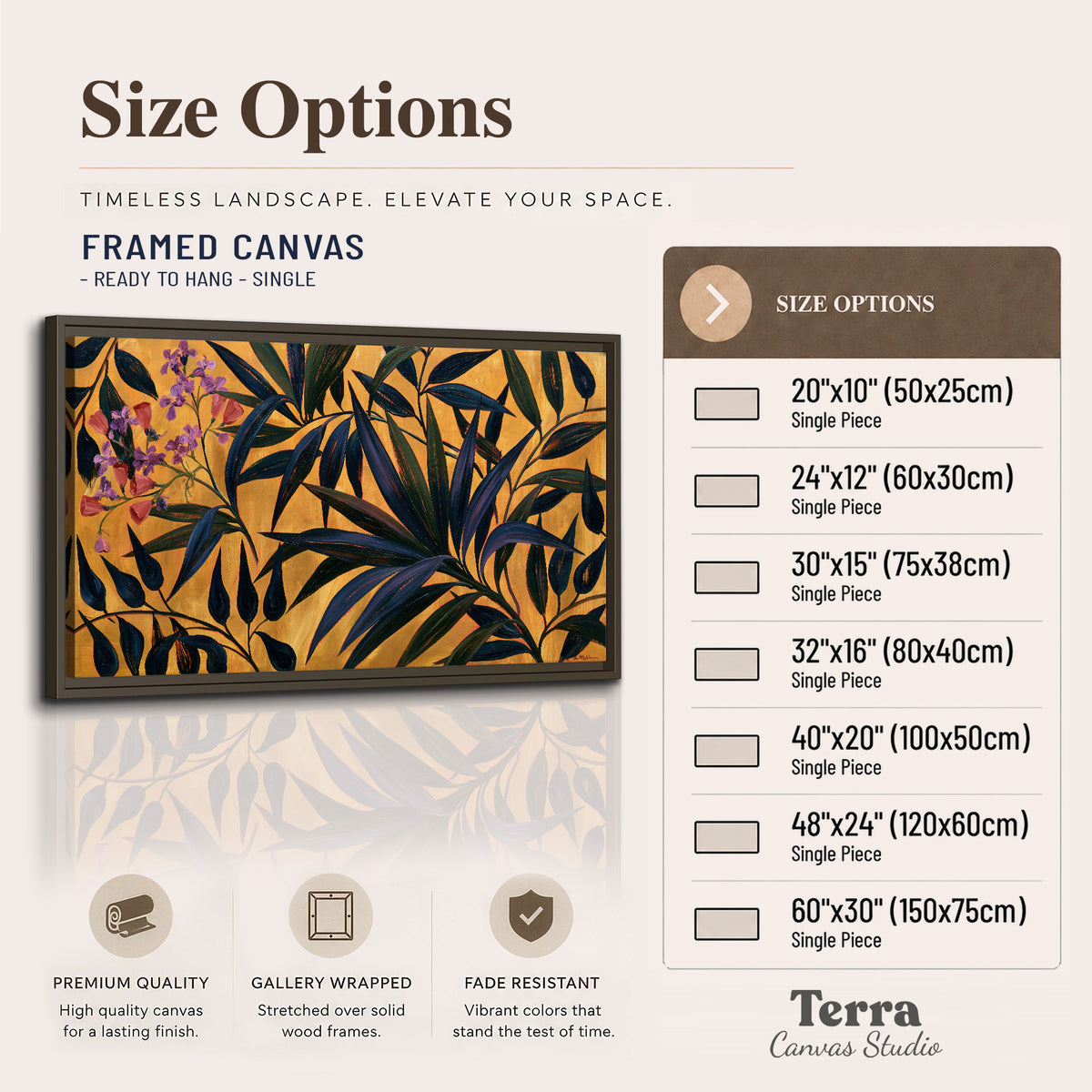 Dark pointed bamboo leaves across an ochre background with small pink floral accents single framed canvas wall art available dimensions