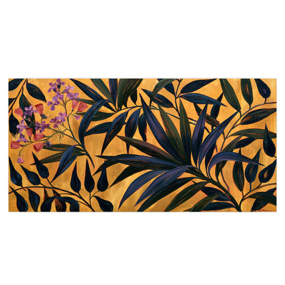 Dark pointed bamboo leaves across an ochre background with small pink floral accents single poster print viewed straight on