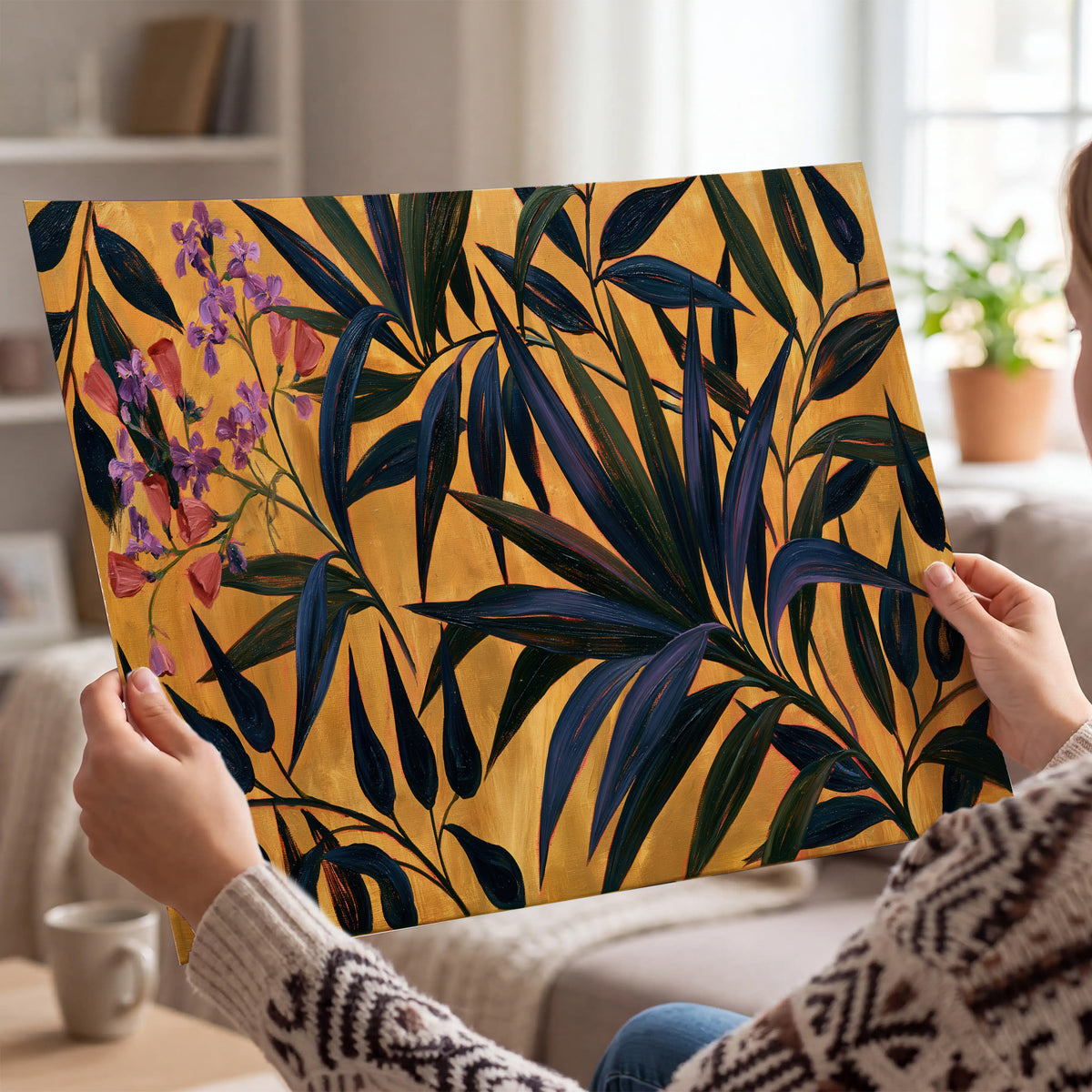 Dark pointed bamboo leaves across an ochre background with small pink floral accents single poster print held in hands