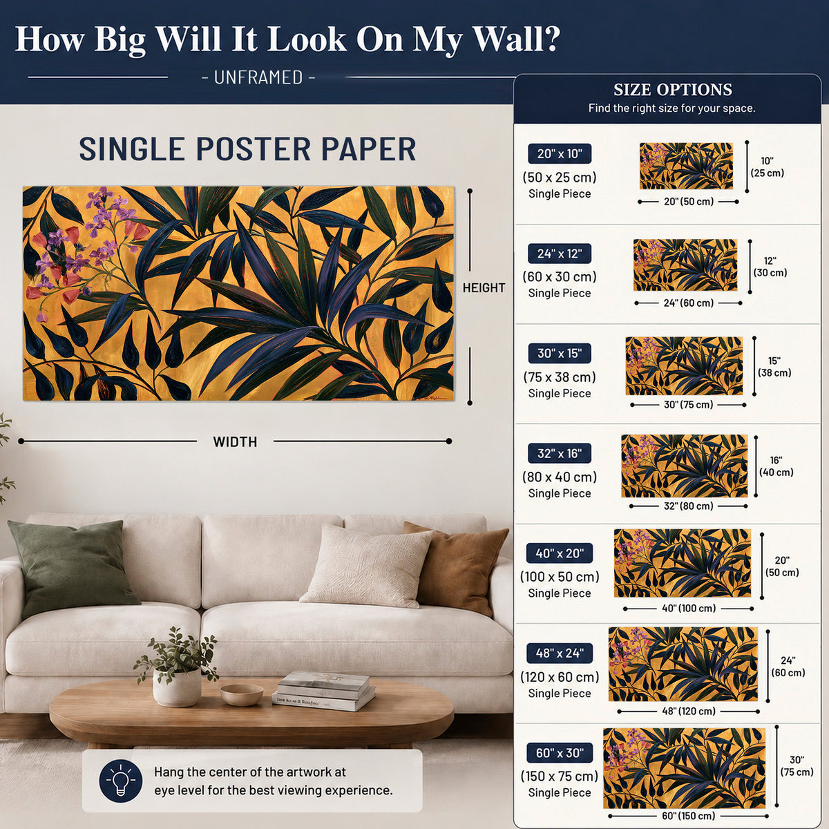 Dark pointed bamboo leaves across an ochre background with small pink floral accents single poster print size guide above a sofa; room view is illustrative