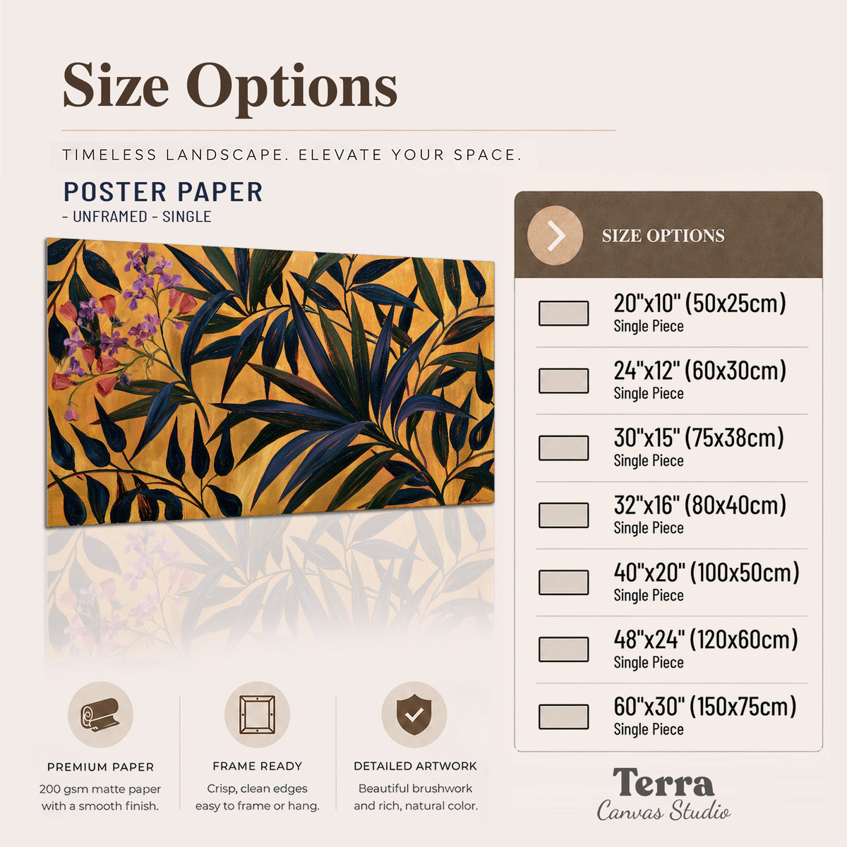 Dark pointed bamboo leaves across an ochre background with small pink floral accents single poster print available dimensions