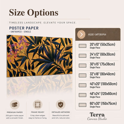 Dark pointed bamboo leaves across an ochre background with small pink floral accents single poster print available dimensions