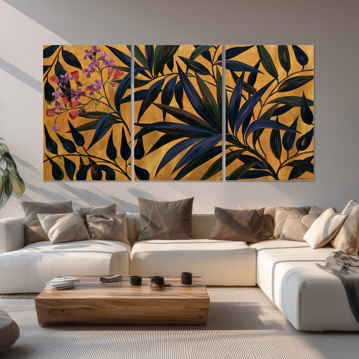 Dark pointed bamboo leaves across an ochre background with small pink floral accents set of 3 poster prints displayed in a living room