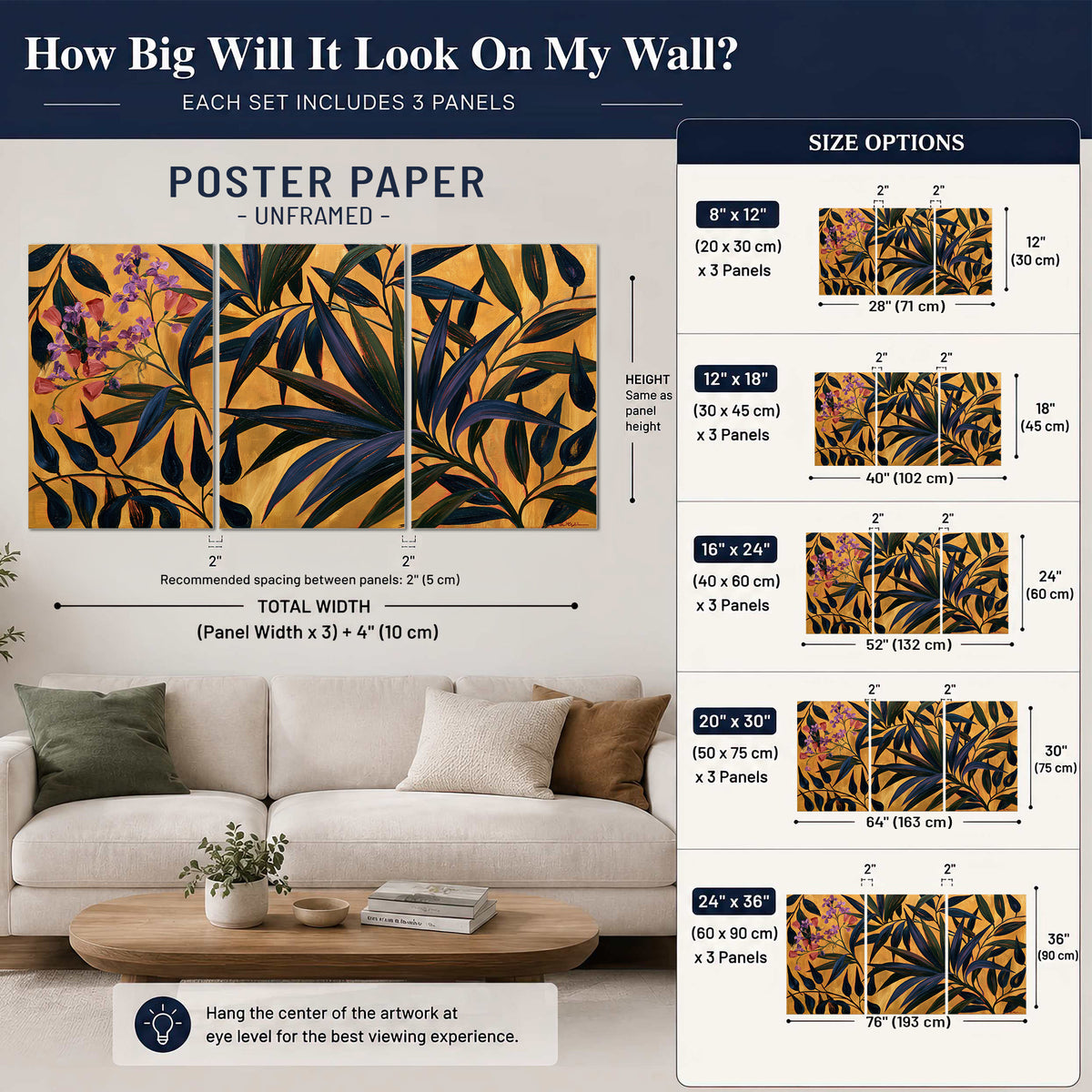 Dark pointed bamboo leaves across an ochre background with small pink floral accents set of 3 poster prints size guide above a sofa; room view is illustrative