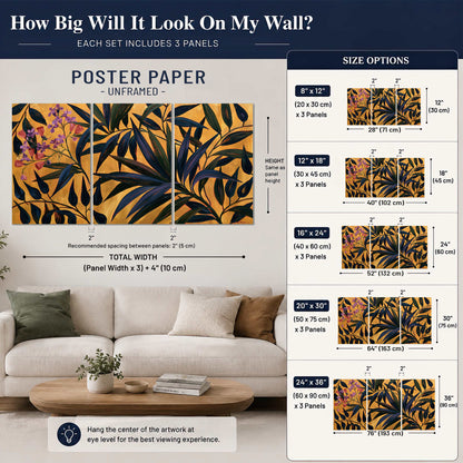 Dark pointed bamboo leaves across an ochre background with small pink floral accents set of 3 poster prints size guide above a sofa; room view is illustrative