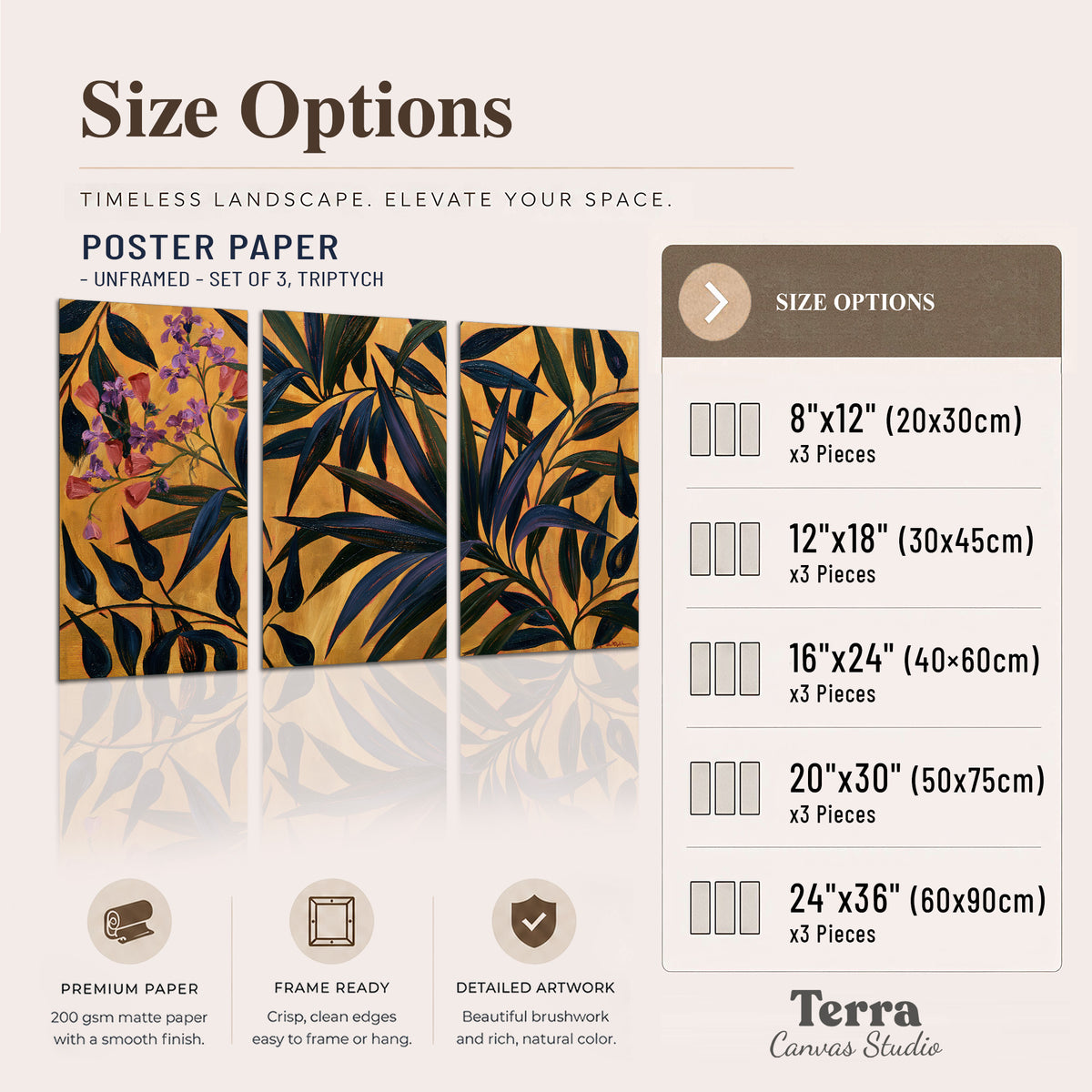 Dark pointed bamboo leaves across an ochre background with small pink floral accents set of 3 poster prints available dimensions; triptych dimensions are per panel