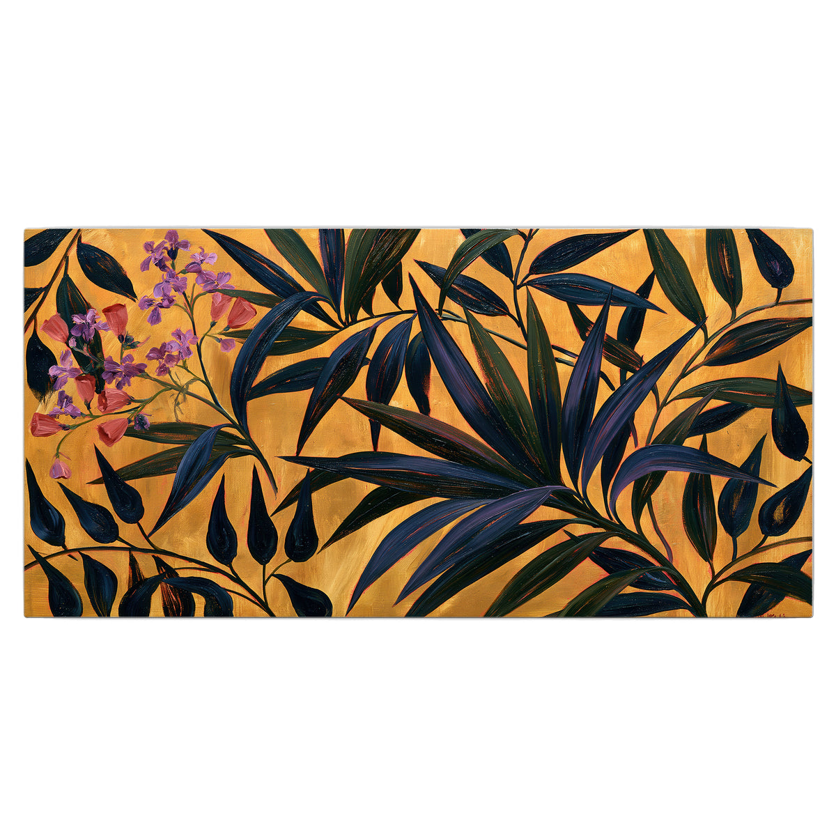 Dark pointed bamboo leaves across an ochre background with small pink floral accents single canvas wall art viewed straight on