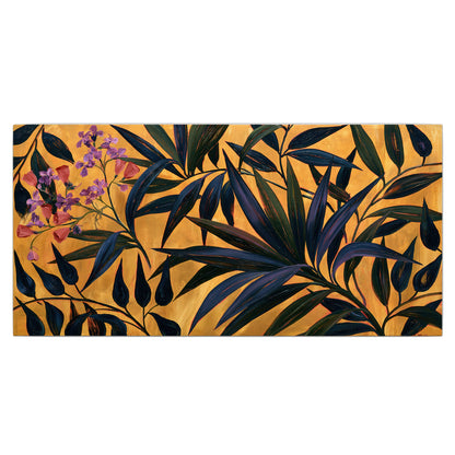 Dark pointed bamboo leaves across an ochre background with small pink floral accents single canvas wall art viewed straight on