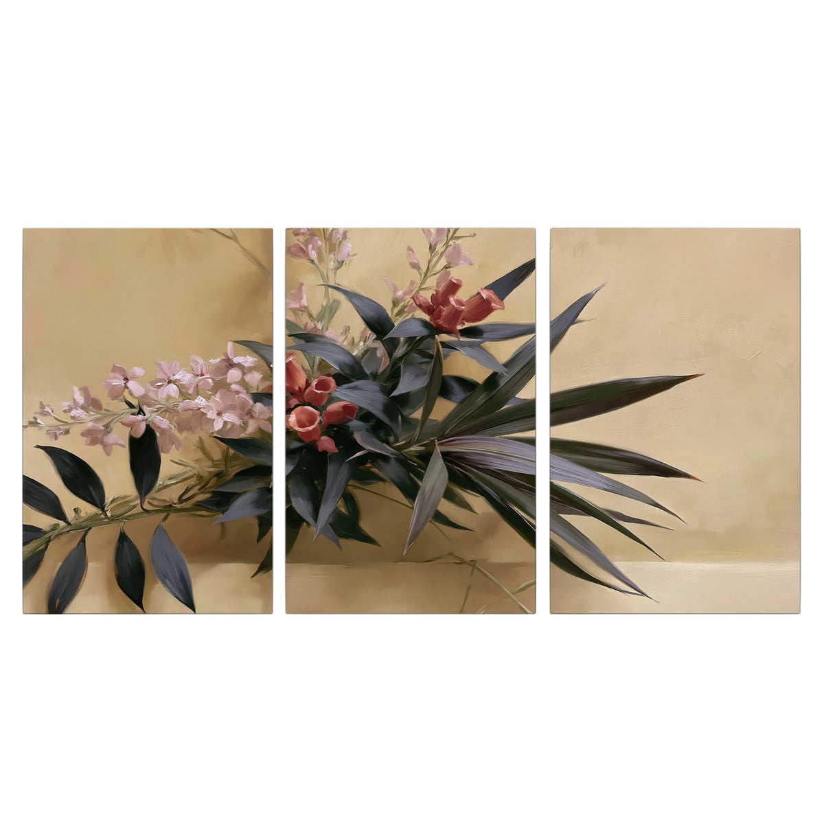 Long dark leaves and dusty pink flowers arranged against a soft beige background 3 piece canvas wall art viewed straight on