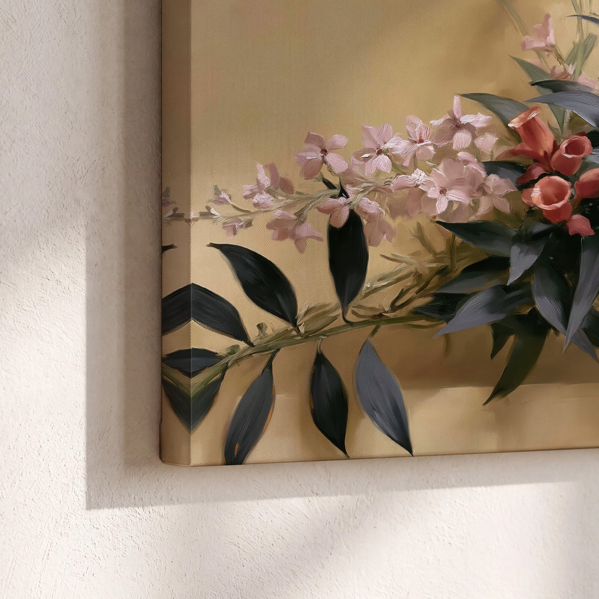 Long dark leaves and dusty pink flowers arranged against a soft beige background 3 piece canvas wall art material and edge close up