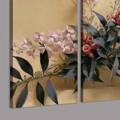Long dark leaves and dusty pink flowers arranged against a soft beige background 3 piece canvas wall art room and product view