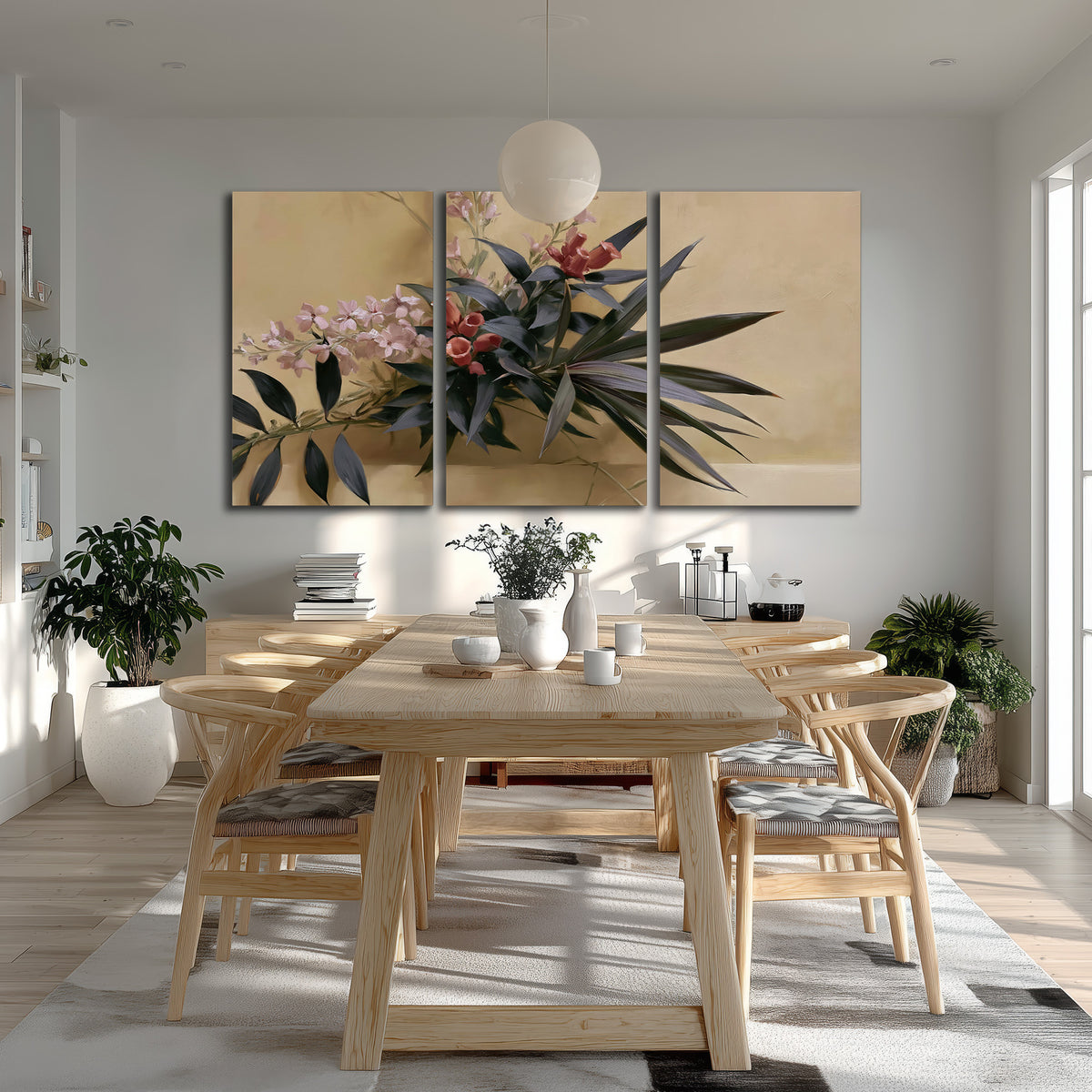 Long dark leaves and dusty pink flowers arranged against a soft beige background 3 piece canvas wall art room and product view