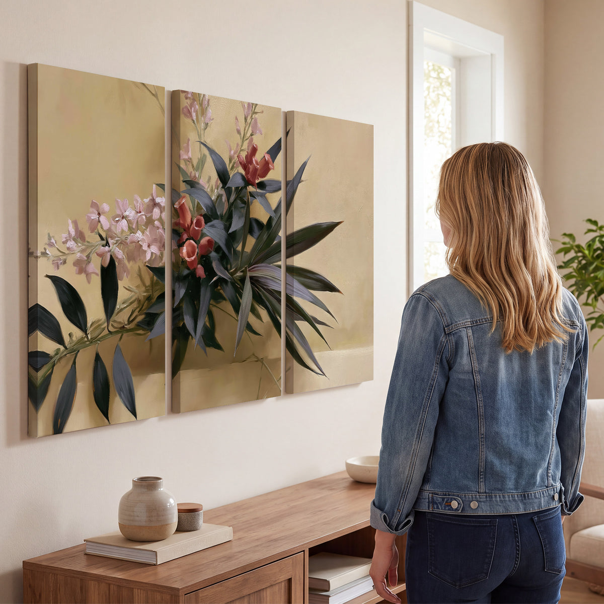 Long dark leaves and dusty pink flowers arranged against a soft beige background 3 piece canvas wall art three panel arrangement on a wall