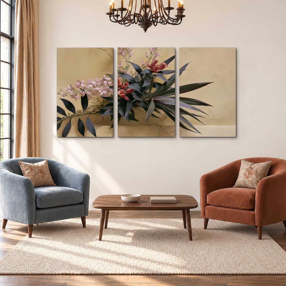 Long dark leaves and dusty pink flowers arranged against a soft beige background 3 piece canvas wall art styled in an interior