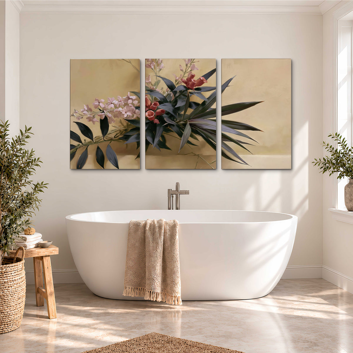 Long dark leaves and dusty pink flowers arranged against a soft beige background 3 piece canvas wall art styled in an interior
