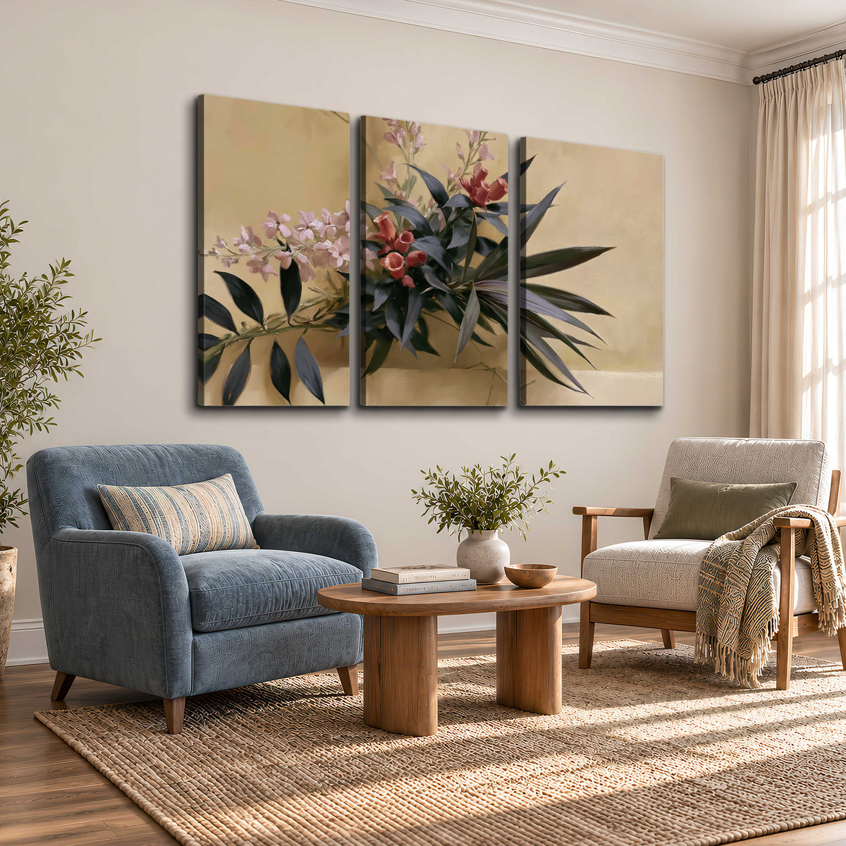 Long dark leaves and dusty pink flowers arranged against a soft beige background 3 piece canvas wall art styled in an interior