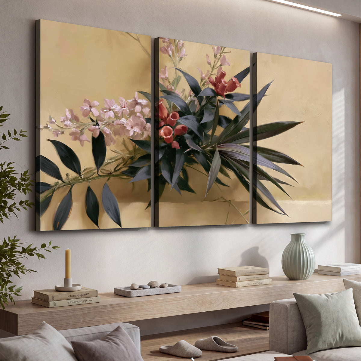 Long dark leaves and dusty pink flowers arranged against a soft beige background 3 piece canvas wall art displayed in a console